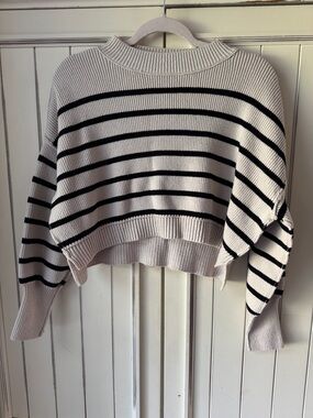 Cropped Crewneck Stripe Sweater in Cream & Black